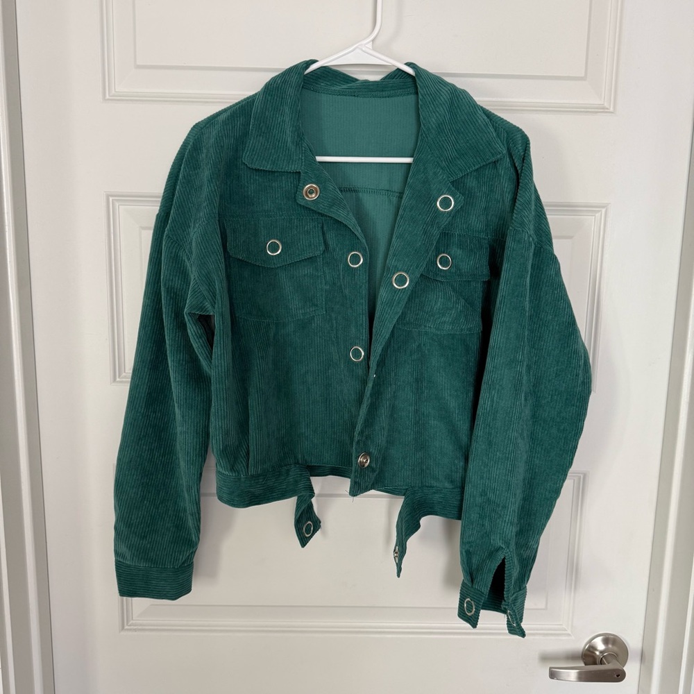 green cropped corduroy jacket